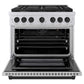ZLINE Autograph Edition 36 in. 5.2 cu. ft. Paramount Gas Range with 6 Burner Cooktop and Convection Gas Oven in Stainless Steel and Matte Black Accents (SGRZ-36-MB) front, oven open.