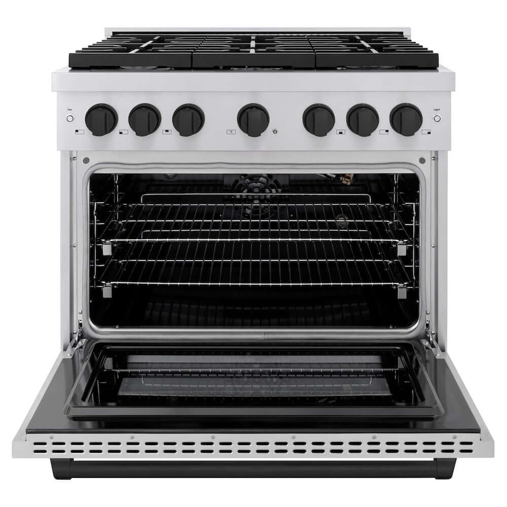ZLINE Autograph Edition 36 in. 5.2 cu. ft. Paramount Gas Range with 6 Burner Cooktop and Convection Gas Oven in Stainless Steel and Matte Black Accents (SGRZ-36-MB) front, oven open.