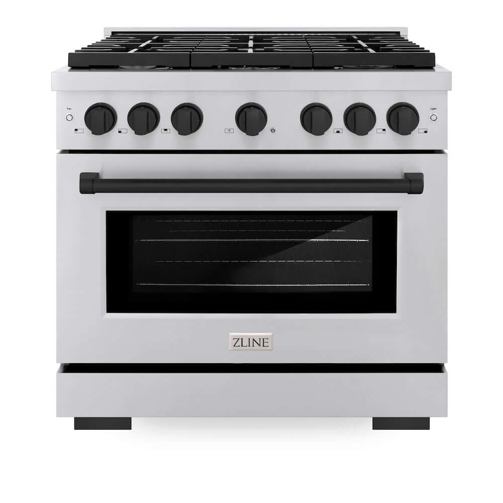ZLINE Autograph Edition 36 in. 5.2 cu. ft. 6 Burner Gas Range with Convection Gas Oven in Stainless Steel and Matte Black Accents (SGRZ-36-MB) front, oven closed.