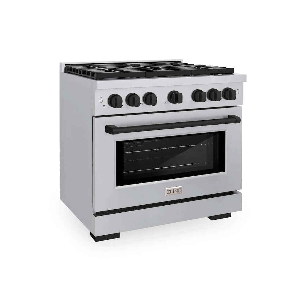 ZLINE Autograph Edition 36 in. 5.2 cu. ft. Paramount Gas Range with 6 Burner Cooktop and Convection Gas Oven in Stainless Steel and Matte Black Accents (SGRZ-36-MB) main image.