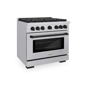 ZLINE Autograph Edition 36 in. 5.2 cu. ft. Paramount Gas Range with 6 Burner Cooktop and Convection Gas Oven in Stainless Steel and Matte Black Accents (SGRZ-36-MB) main image.