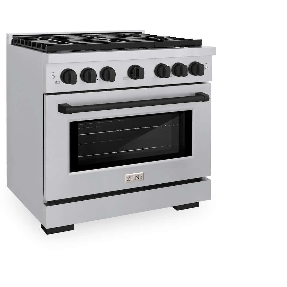 ZLINE Autograph Edition 36 in. 5.2 cu. ft. 6 Burner Gas Range with Convection Gas Oven in Stainless Steel and Matte Black Accents (SGRZ-36-MB) side, oven closed.