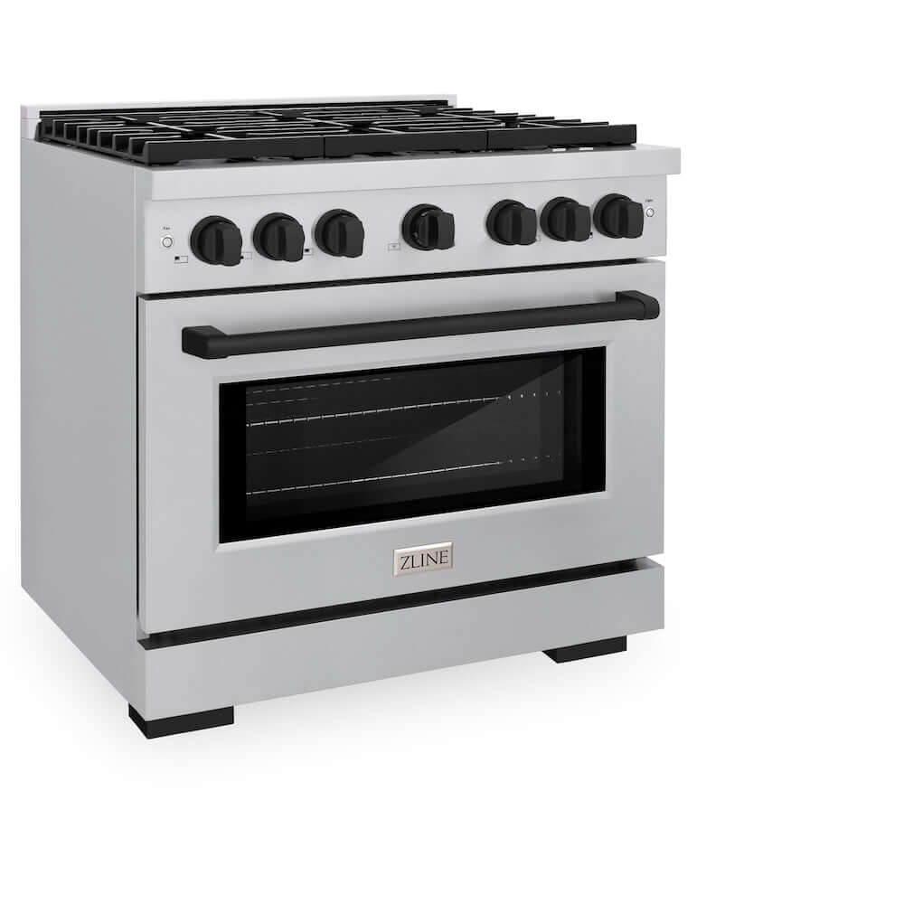 ZLINE Autograph Edition 36 in. 5.2 cu. ft. Paramount Gas Range with 6 Burner Cooktop and Convection Gas Oven in Stainless Steel and Matte Black Accents (SGRZ-36-MB) side, oven closed.