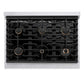 ZLINE Autograph Edition 36 in. 5.2 cu. ft. Paramount Gas Range with 6 Burner Cooktop and Convection Gas Oven in Stainless Steel and Matte Black Accents (SGRZ-36-MB) top-down, above cooktop.