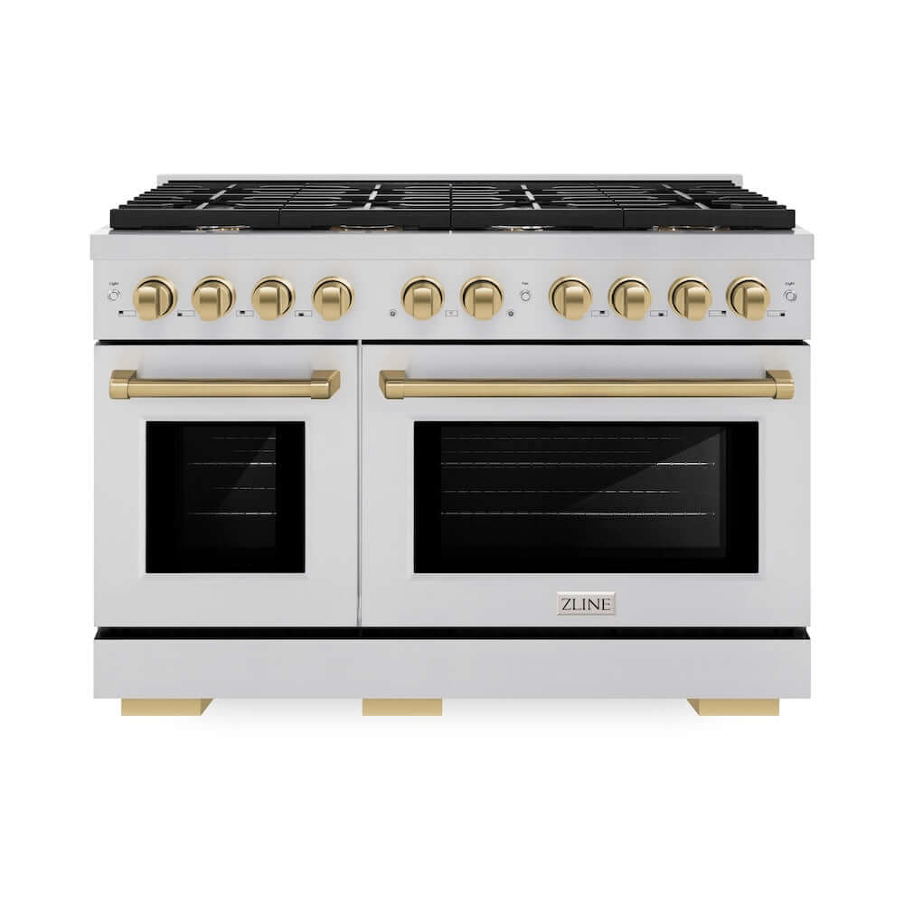 ZLINE Autograph Edition 48 in. 6.7 cu. ft. 8 Burner Double Oven Gas Range in Stainless Steel and Champagne Bronze Accents (SGRZ-48-CB) front, oven closed.