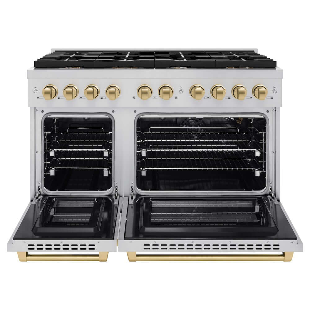 ZLINE Autograph Edition 48 in. 6.7 cu. ft. 8 Burner Double Oven Gas Range in Stainless Steel and Champagne Bronze Accents (SGRZ-48-CB) front, oven open.