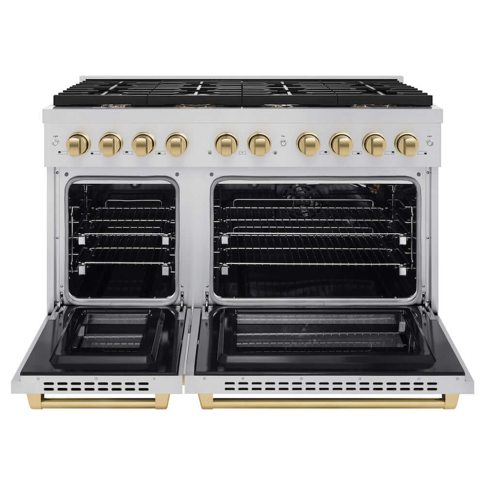 ZLINE Autograph Edition 48 in. 6.7 cu. ft. Paramount Double Oven Gas Range with 8 Burner Cooktop in Stainless Steel and Champagne Bronze Accents (SGRZ-48-CB) front, oven open.