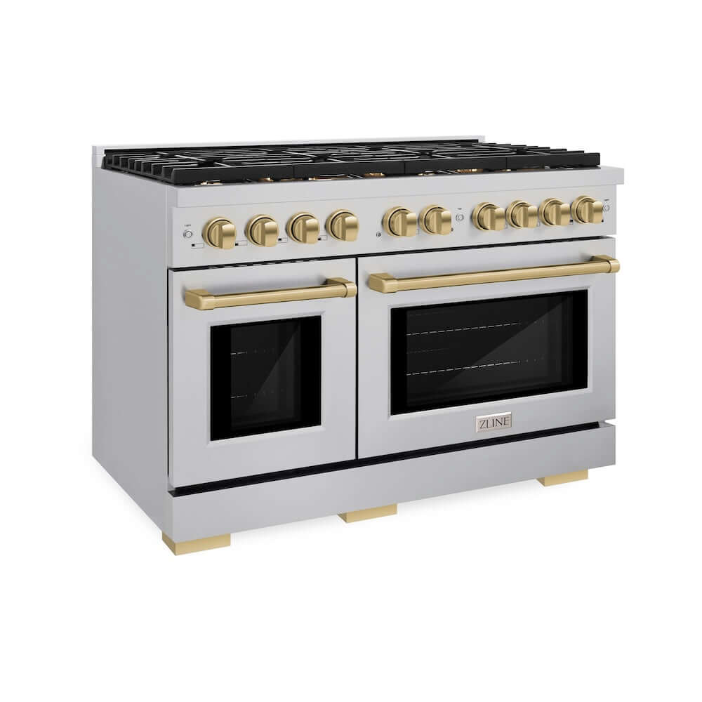 ZLINE Autograph Edition 48 in. 6.7 cu. ft. 8 Burner Double Oven Gas Range in Stainless Steel and Champagne Bronze Accents (SGRZ-48-CB)