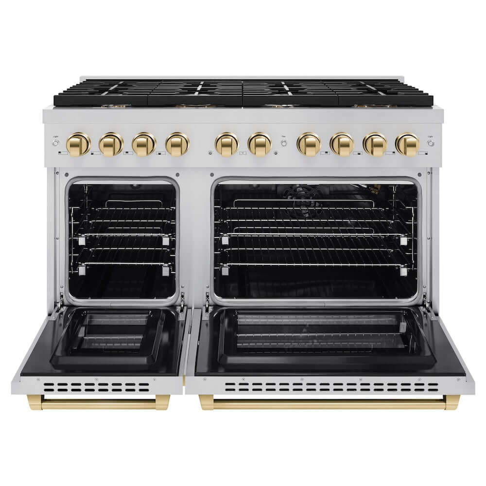 ZLINE Autograph Edition 48 in. Gas Range with Polished Gold Accents (SGRZ-48-G) front, oven doors open.
