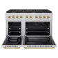 ZLINE Autograph Edition 48 in. 6.7 cu. ft. Paramount Double Oven Gas Range with 8 Burner Cooktop in Stainless Steel and Polished Gold Accents (SGRZ-48-G) front, oven open.