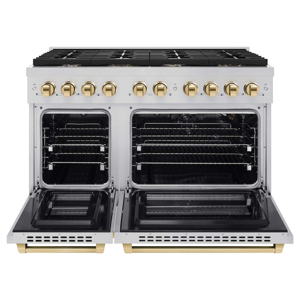 ZLINE Autograph Edition 48 in. 6.7 cu. ft. Paramount Double Oven Gas Range with 8 Burner Cooktop in Stainless Steel and Polished Gold Accents (SGRZ-48-G) front, oven open.