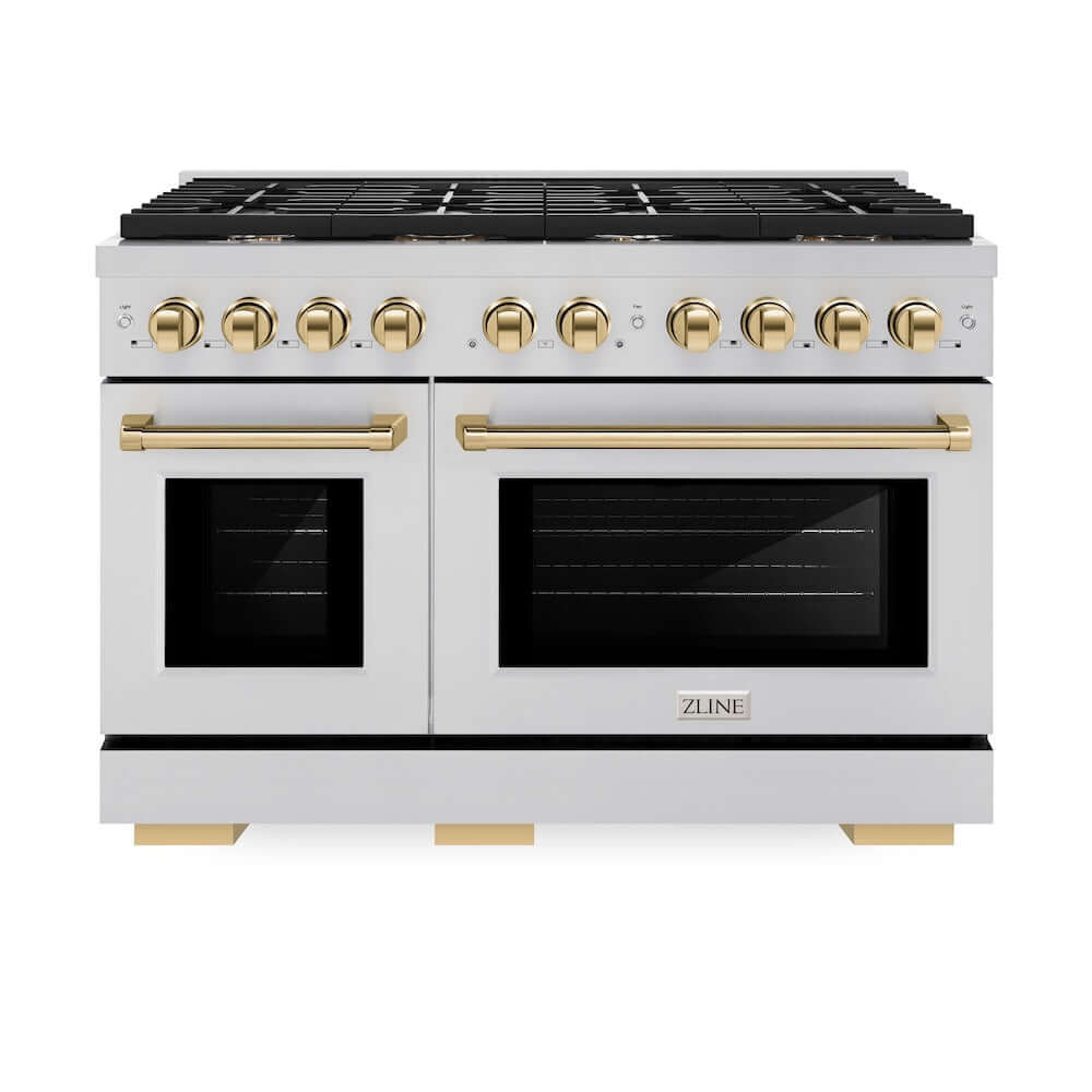 ZLINE Autograph Edition 48 in. Gas Range with Polished Gold Accents (SGRZ-48-G) front, oven doors closed.