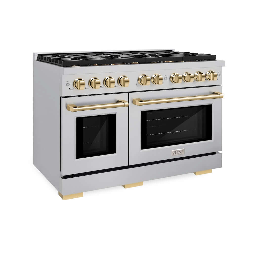 ZLINE Autograph Edition 48 in. 6.7 cu. ft. Paramount Double Oven Gas Range with 8 Burner Cooktop in Stainless Steel and Polished Gold Accents (SGRZ-48-G) main image.