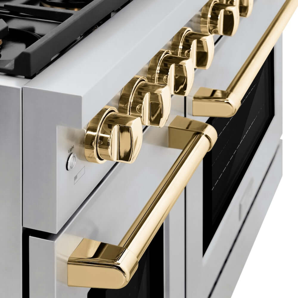 Polished Gold knobs and handle on ZLINE Autograph Edition 48 in. Gas Range (SGRZ-48-G)