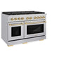 ZLINE Autograph Edition 48 in. 6.7 cu. ft. Paramount Double Oven Gas Range with 8 Burner Cooktop in Stainless Steel and Polished Gold Accents (SGRZ-48-G) side, oven closed.
