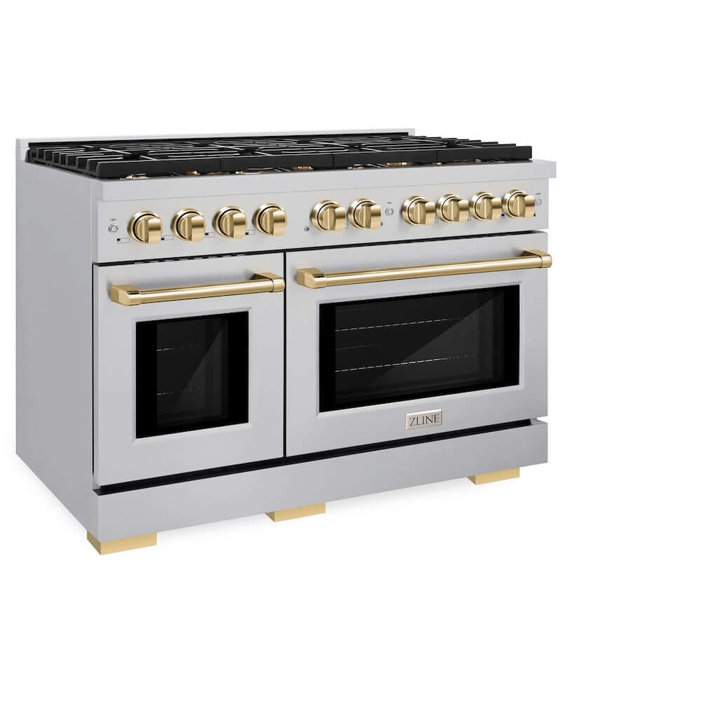 ZLINE Autograph Edition 48 in. 6.7 cu. ft. Paramount Double Oven Gas Range with 8 Burner Cooktop in Stainless Steel and Polished Gold Accents (SGRZ-48-G) side, oven closed.