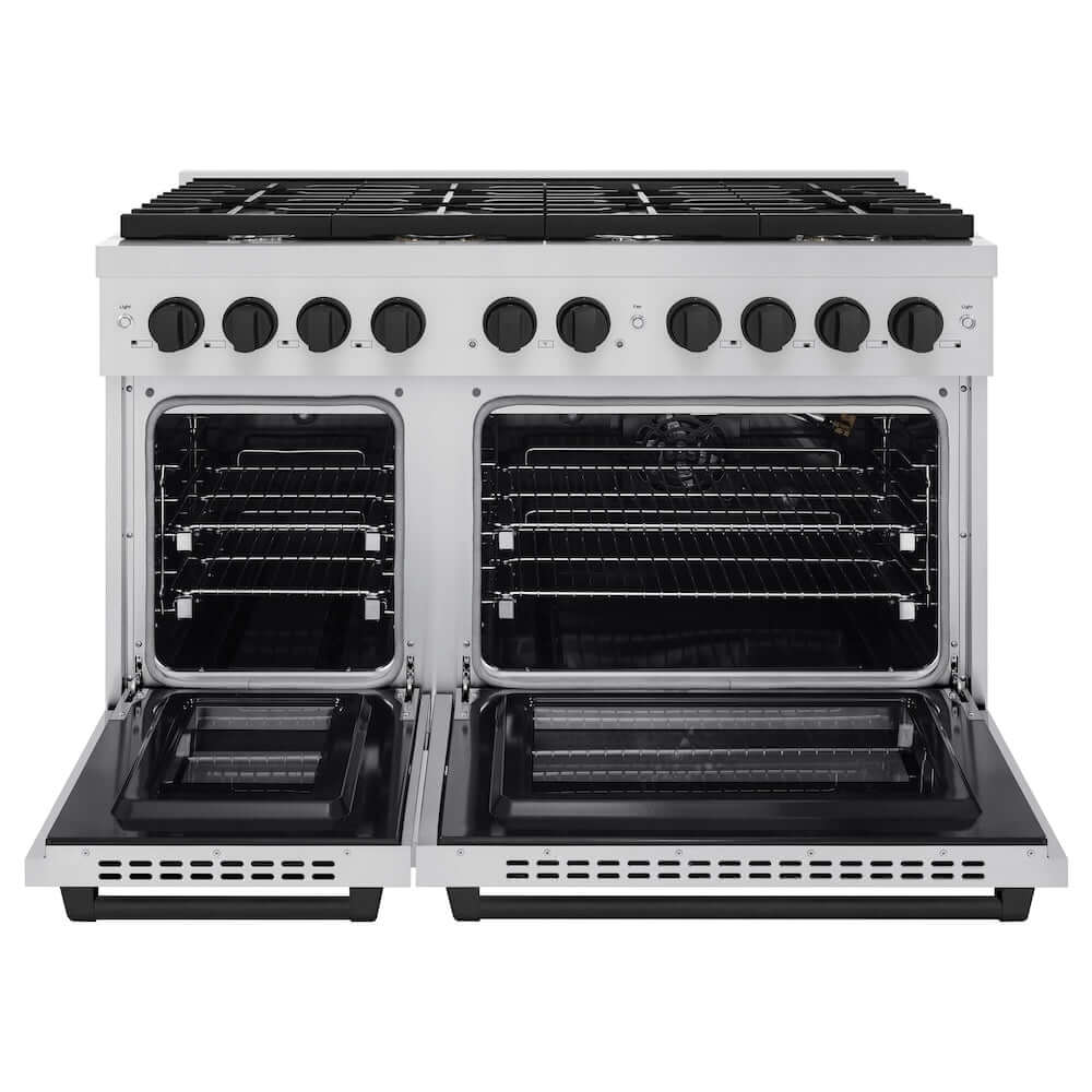 ZLINE Autograph Edition 48 in. 6.7 cu. ft. Paramount Double Oven Gas Range with 8 Burner Cooktop in Stainless Steel and Matte Black Accents (SGRZ-48-MB) front, oven open.