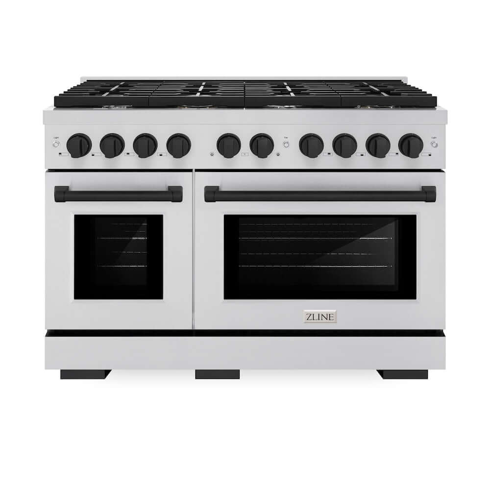 ZLINE Autograph Edition 48 in. 6.7 cu. ft. Paramount Double Oven Gas Range with 8 Burner Cooktop in Stainless Steel and Matte Black Accents (SGRZ-48-MB) front, oven closed.