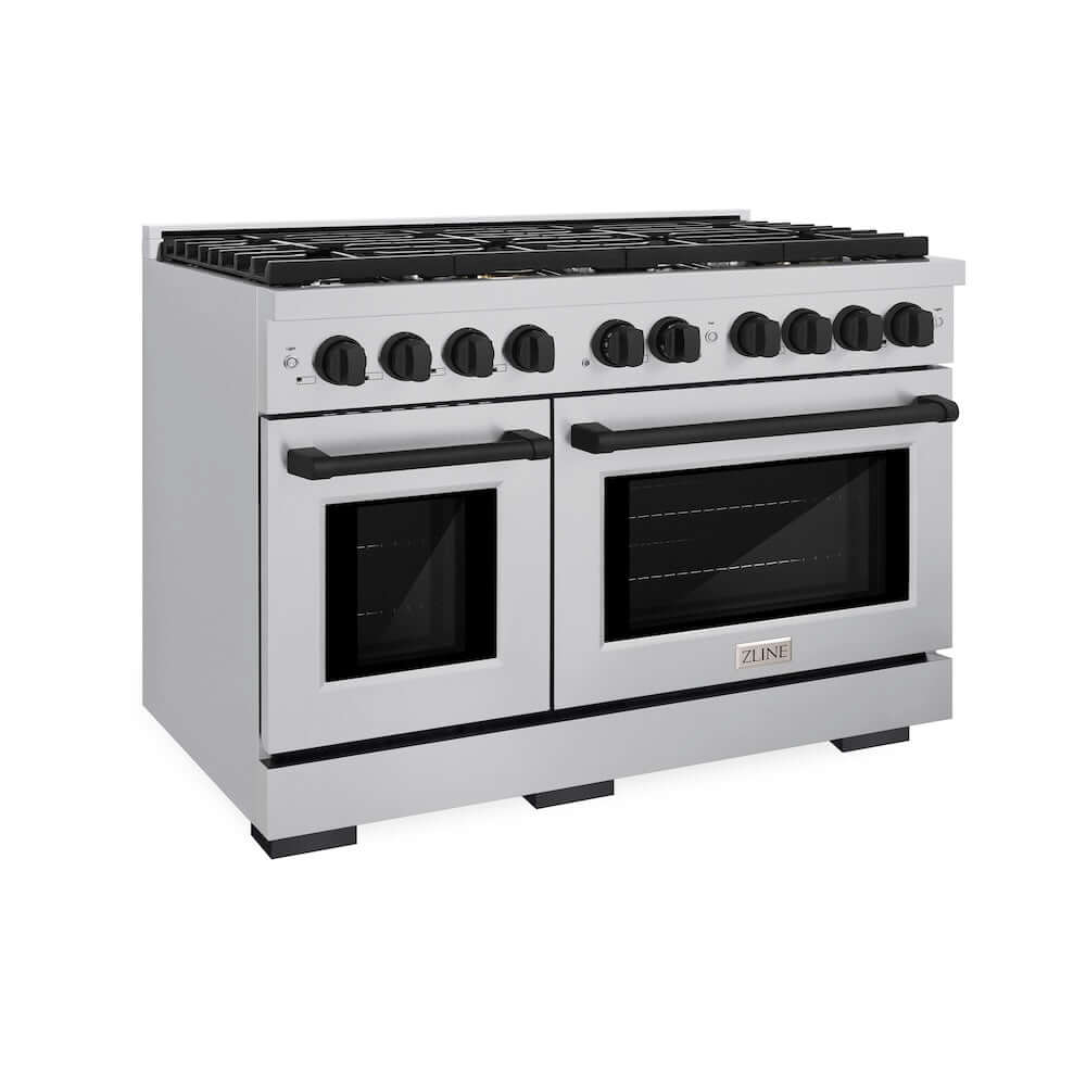 ZLINE Autograph Edition 48 in. 6.7 cu. ft. Paramount Double Oven Gas Range with 8 Burner Cooktop in Stainless Steel and Matte Black Accents (SGRZ-48-MB) main image.