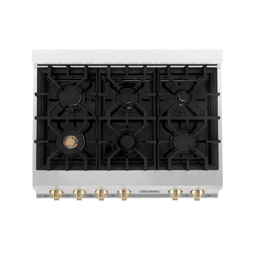 ZLINE Autograph Edition 36 in. Porcelain Rangetop with 6 Gas Burners in Stainless Steel with Polished Gold Accents (RTZ-36-G) from above, showing burners and cast-iron grates on cooktop.
