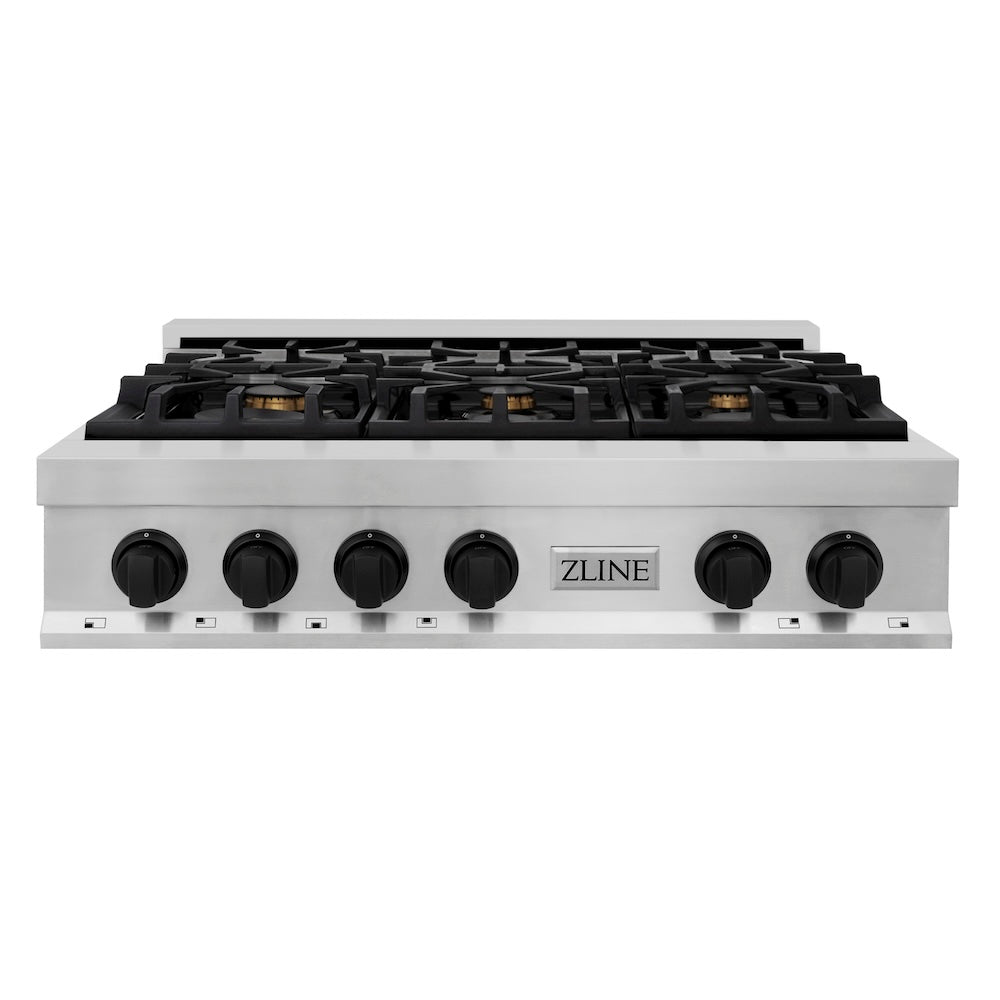 ZLINE Autograph Edition 36 in. Porcelain Rangetop with 6 Gas Burners in Stainless Steel with Matte Black Accents (RTZ-36-MB) front.