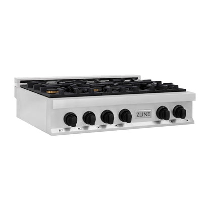 ZLINE Autograph Edition 36 in. Legacy Gas Rangetop with 6 Burners and Porcelain Cooktop in Stainless Steel with Matte Black Accents, Open Box-Good Condition