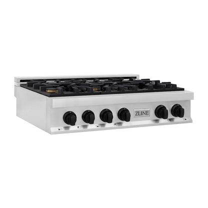 ZLINE Autograph Edition 36 in. Legacy Gas Rangetop with 6 Burners and Porcelain Cooktop in Stainless Steel with Matte Black Accents, Open Box-Great Condition