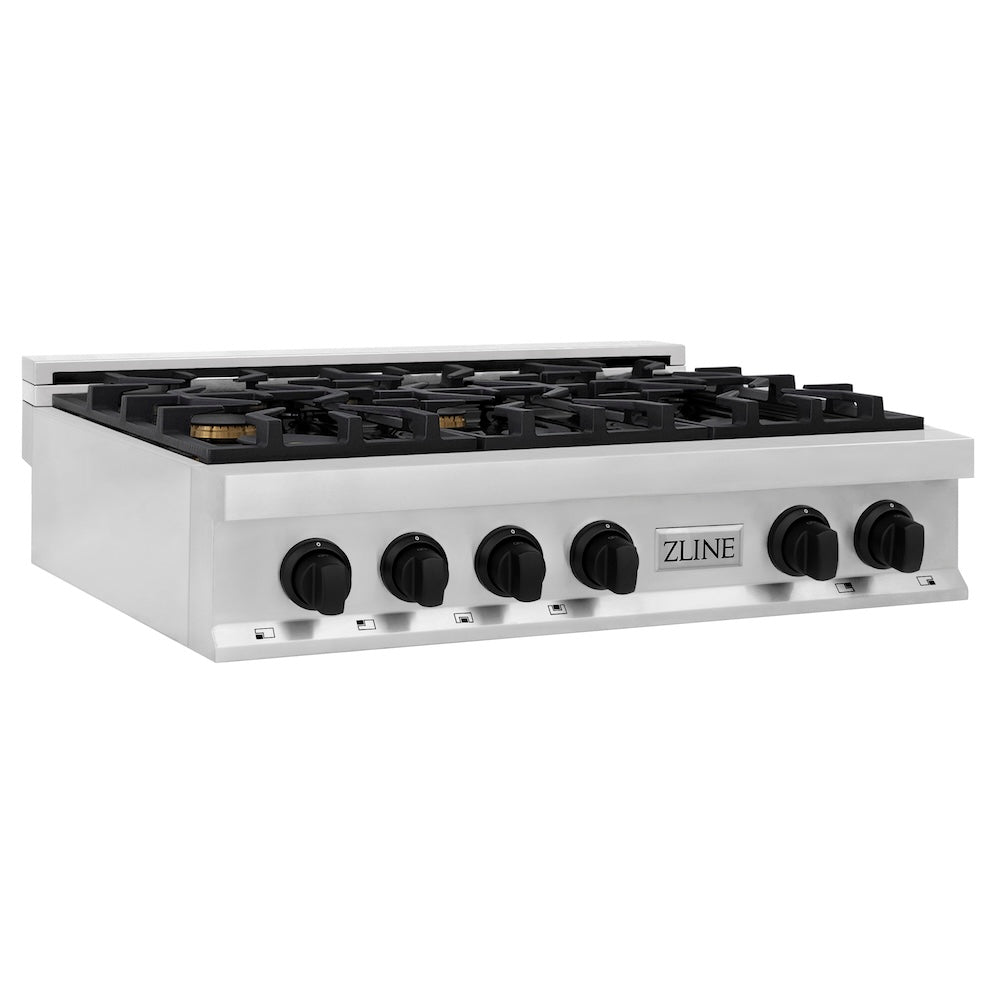 ZLINE Autograph Edition 36 in. Porcelain Rangetop with 6 Gas Burners in Stainless Steel with Matte Black Accents (RTZ-36-MB) side, main.