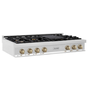 ZLINE Autograph Edition 48 in. Legacy Gas Rangetop with 7 Burners and Porcelain Cooktop in Stainless Steel with Champagne Bronze Accents, Open Box-Good Condition main image.