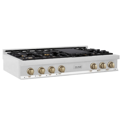 ZLINE Autograph Edition 48 in. Legacy Gas Rangetop with 7 Burners and Porcelain Cooktop in Stainless Steel with Champagne Bronze Accents, Open Box-Good Condition