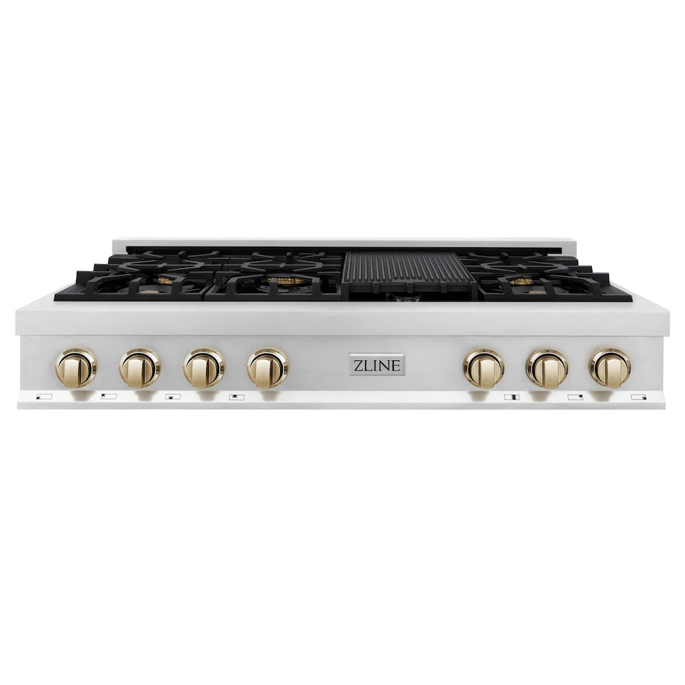 ZLINE Autograph Edition 48 in. Porcelain Rangetop with 7 Gas Burners in Stainless Steel with Polished Gold Accents (RTZ-48-G) front.
