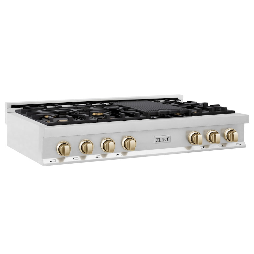 ZLINE Autograph Edition 48 in. Porcelain Rangetop with 7 Gas Burners in Stainless Steel with Polished Gold Accents (RTZ-48-G) side, main.