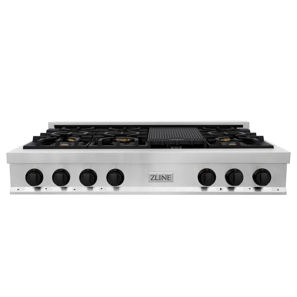 ZLINE Autograph Edition 48 in. Porcelain Rangetop with 7 Gas Burners in Stainless Steel with Matte Black Accents (RTZ-48-MB) front.