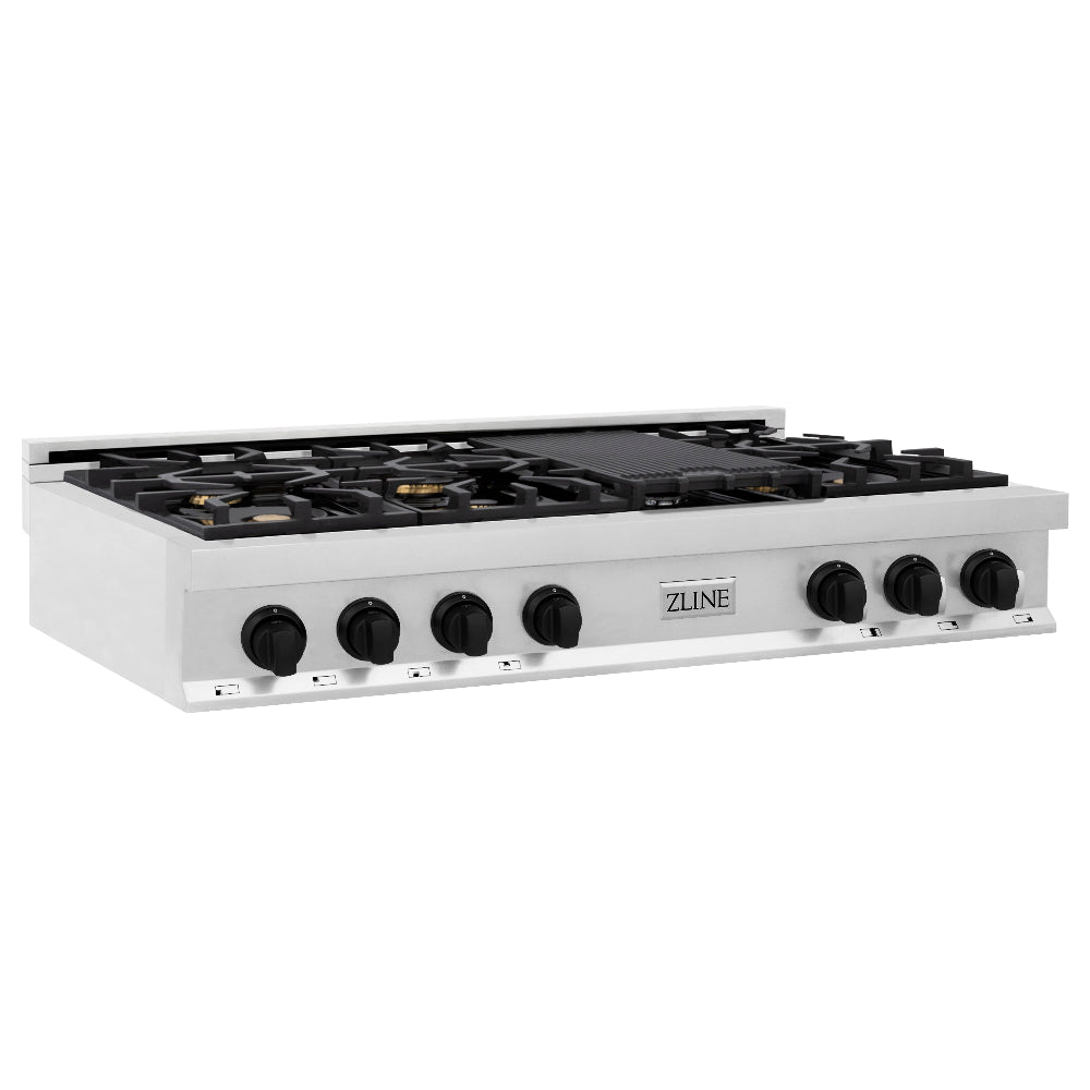 ZLINE Autograph Edition 48 in. Legacy Gas Rangetop with 7 Burners and Porcelain Cooktop in Stainless Steel with Matte Black Accents (RTZ-48-MB) main image.