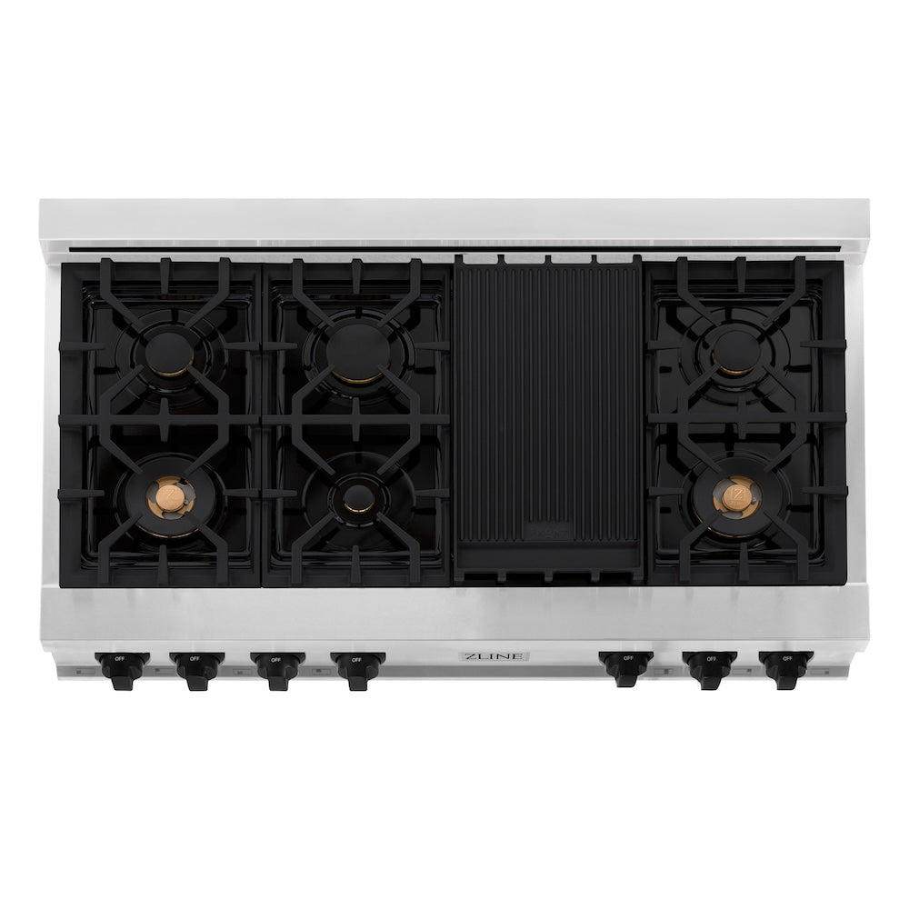 ZLINE Autograph Edition 48 in. Porcelain Rangetop with 7 Gas Burners in Stainless Steel with Matte Black Accents (RTZ-48-MB) from above, showing cooking surface.