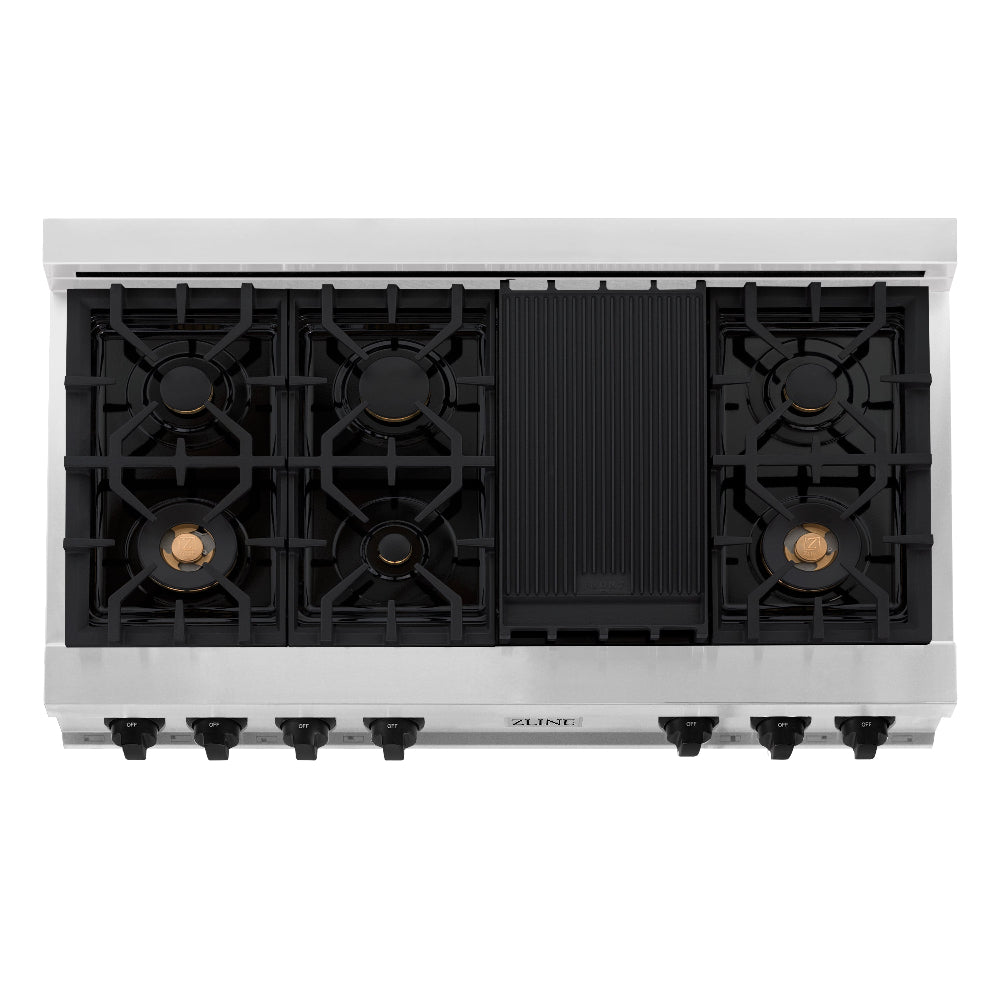 ZLINE Autograph Edition 48 in. Legacy Gas Rangetop with 7 Burners and Porcelain Cooktop in Stainless Steel with Matte Black Accents (RTZ-48-MB) top-down, above cooking surface.