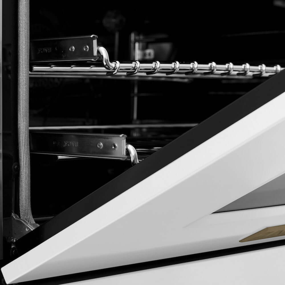 ZLINE Autograph Edition 60 in. 7.4 cu. ft. Legacy Dual Fuel Range with 9 Burner Gas Cooktop and 2 Electric Convection Ovens in Stainless Steel with White Matte Doors and Champagne Bronze Accents (RAZ-WM-60-CB) oven door.