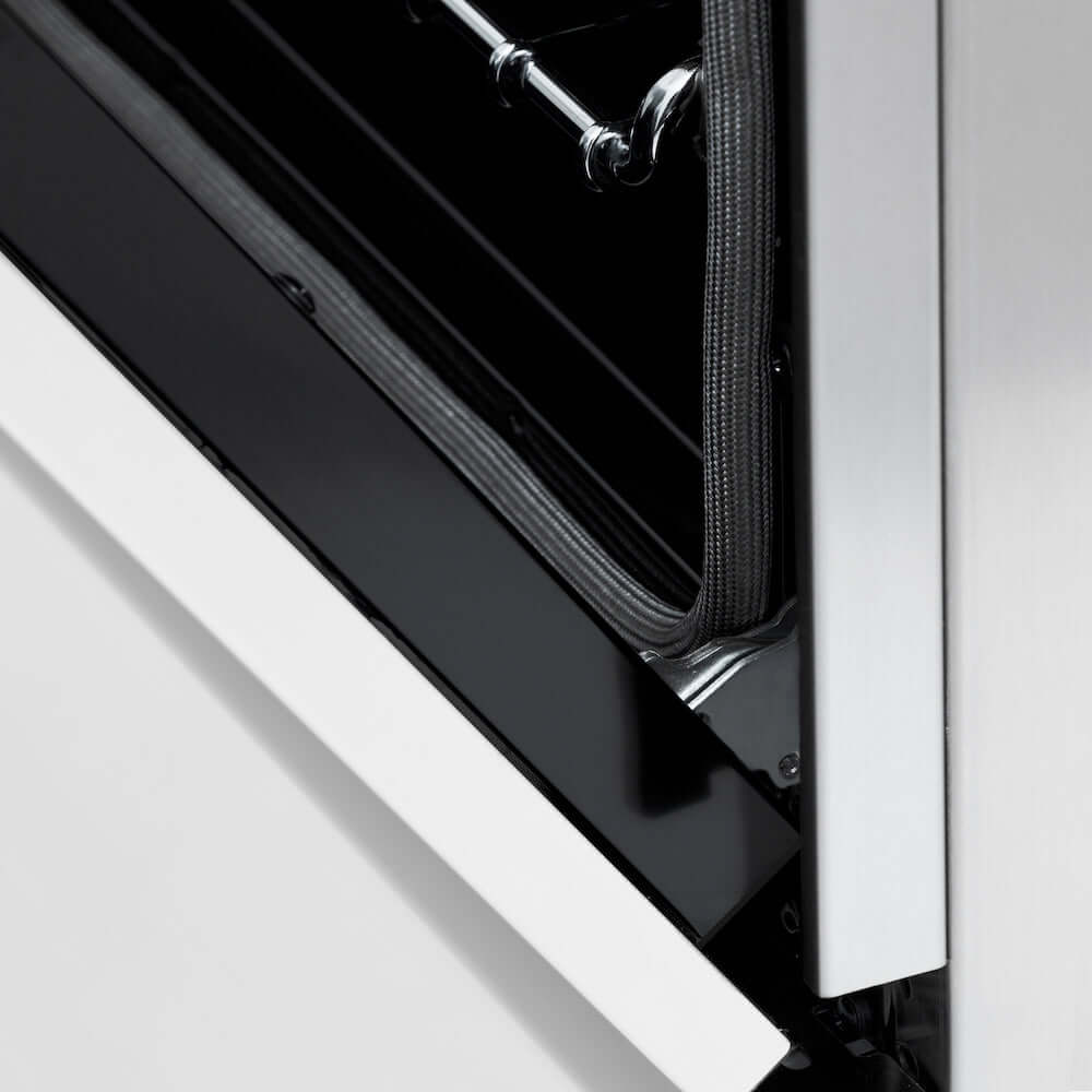 ZLINE Autograph Edition 60 in. 7.4 cu. ft. Legacy Dual Fuel Range with 9 Burner Gas Cooktop and 2 Electric Convection Ovens in Stainless Steel with White Matte Doors and Champagne Bronze Accents (RAZ-WM-60-CB) detail StayPut oven door hinges.