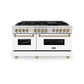 ZLINE Autograph Edition 60 in. 7.4 cu. ft. Legacy Dual Fuel Range with 9 Burner Gas Cooktop and 2 Electric Convection Ovens in Stainless Steel with White Matte Doors and Champagne Bronze Accents (RAZ-WM-60-CB) front, oven closed.