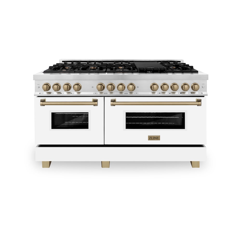 ZLINE Autograph Edition 60 in. 7.4 cu. ft. Legacy Dual Fuel Range with 9 Burner Gas Cooktop and 2 Electric Convection Ovens in Stainless Steel with White Matte Doors and Champagne Bronze Accents, Open Box-Good Condition