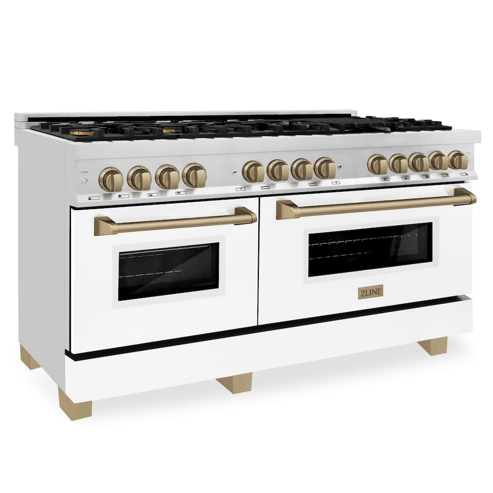 ZLINE Autograph Edition 60 in. 7.4 cu. ft. Legacy Dual Fuel Range with 9 Burner Gas Cooktop and 2 Electric Convection Ovens in Stainless Steel with White Matte Doors and Champagne Bronze Accents, Open Box-Good Condition