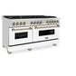 ZLINE Autograph Edition 60 in. 7.4 cu. ft. Legacy Dual Fuel Range with 9 Burner Gas Cooktop and 2 Electric Convection Ovens in Stainless Steel with White Matte Doors and Champagne Bronze Accents (RAZ-WM-60-CB) side, oven closed.