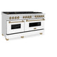 ZLINE Autograph Edition 60 in. 7.4 cu. ft. Legacy Dual Fuel Range with 9 Burner Gas Cooktop and 2 Electric Convection Ovens in Stainless Steel with White Matte Doors and Champagne Bronze Accents, Open Box-Good Condition