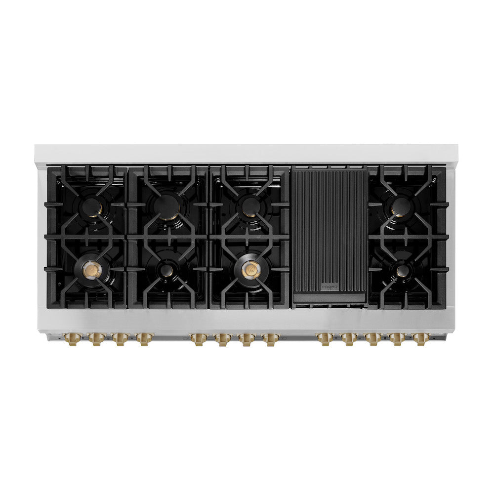 ZLINE Autograph Edition 60 in. 7.4 cu. ft. Legacy Dual Fuel Range with 9 Burner Gas Cooktop and 2 Electric Convection Ovens in Stainless Steel with White Matte Doors and Champagne Bronze Accents (RAZ-WM-60-CB) top-down, above cooktop.