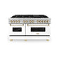ZLINE Autograph Edition 60 in. 7.4 cu. ft. Legacy Dual Fuel Range with 9 Burner Gas Cooktop and 2 Electric Convection Ovens in Stainless Steel with White Matte Doors and Polished Gold Accents (RAZ-WM-60-G) front, oven closed.