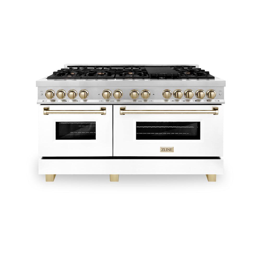 ZLINE Autograph Edition 60 in. 7.4 cu. ft. Legacy Dual Fuel Range with 9 Burner Gas Cooktop and 2 Electric Convection Ovens in Stainless Steel with White Matte Doors and Polished Gold Accents (RAZ-WM-60-G) front, oven closed.