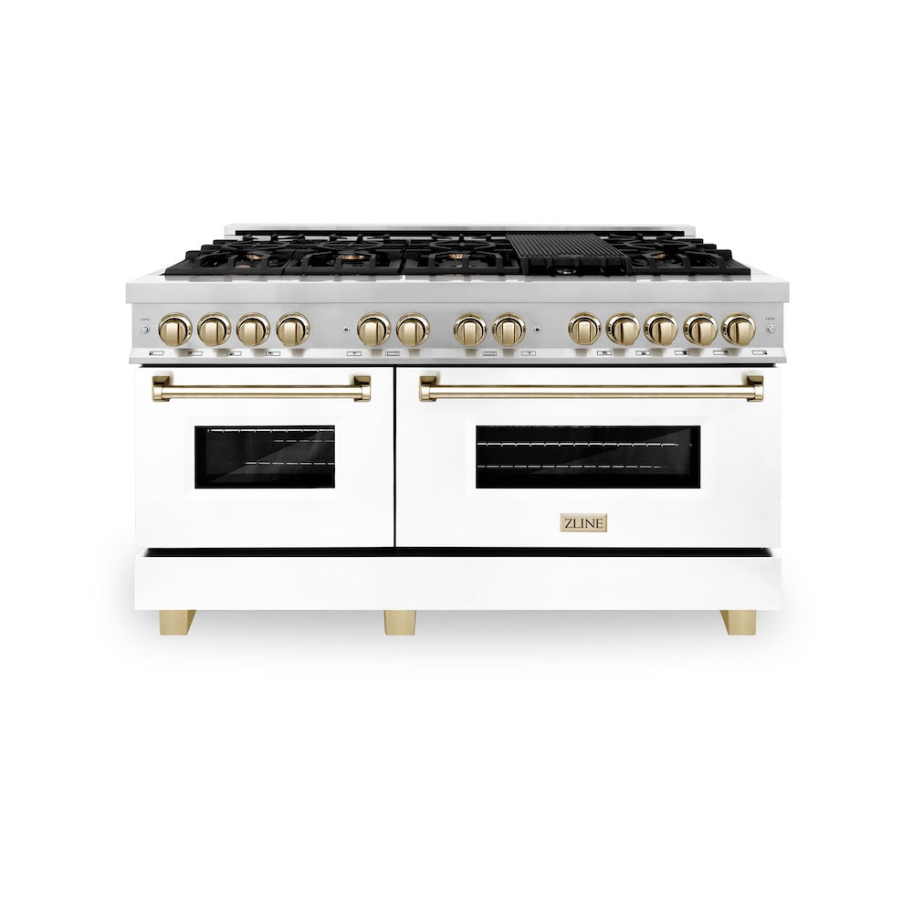 ZLINE Autograph Edition 60 in. 7.4 cu. ft. Legacy Dual Fuel Range with 9 Burner Gas Cooktop and 2 Electric Convection Ovens in Stainless Steel with White Matte Doors and Polished Gold Accents, Open Box-Good Condition