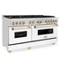 ZLINE Autograph Edition 60 in. 7.4 cu. ft. Legacy Dual Fuel Range with 9 Burner Gas Cooktop and 2 Electric Convection Ovens in Stainless Steel with White Matte Doors and Polished Gold Accents (RAZ-WM-60-G) side, oven closed.