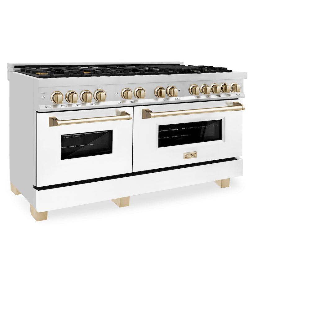 ZLINE Autograph Edition 60 in. 7.4 cu. ft. Legacy Dual Fuel Range with 9 Burner Gas Cooktop and 2 Electric Convection Ovens in Stainless Steel with White Matte Doors and Polished Gold Accents (RAZ-WM-60-G) side, oven closed.