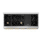 ZLINE Autograph Edition 60 in. 7.4 cu. ft. Legacy Dual Fuel Range with 9 Burner Gas Cooktop and 2 Electric Convection Ovens in Stainless Steel with White Matte Doors and Polished Gold Accents (RAZ-WM-60-G) top-down, above cooktop.